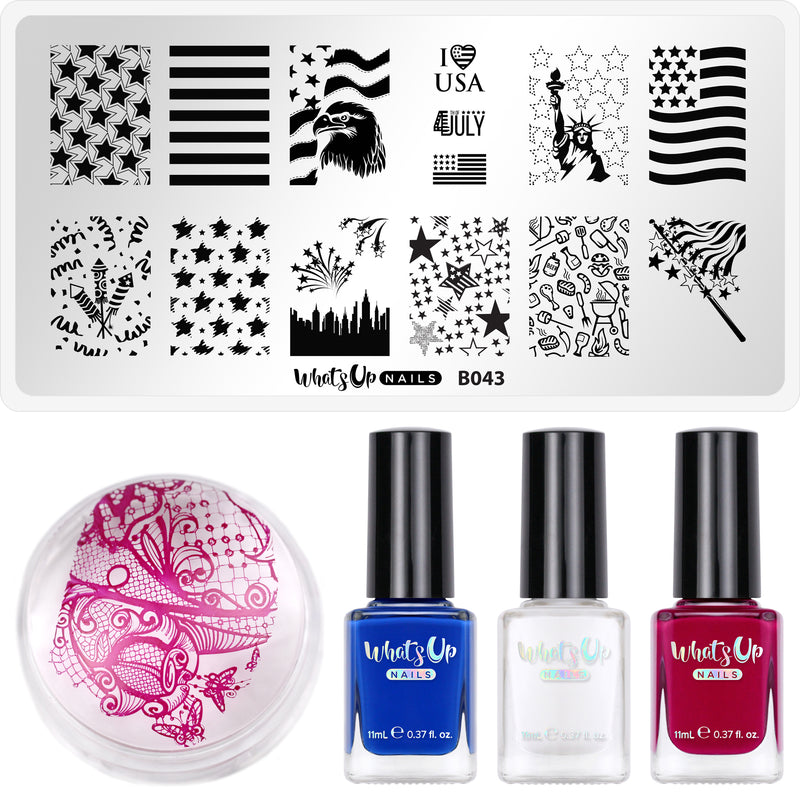 Whats Up Nails - July 4th Stamping Starter Kit (B043, Box of Whine, Jay for a Day, Blanc My Mind, Magnified)