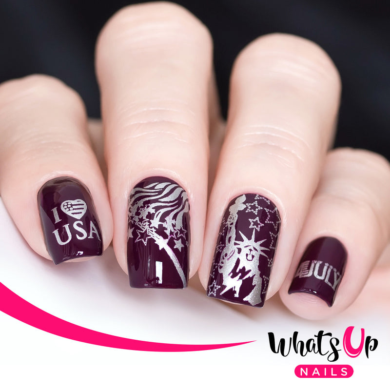 Whats Up Nails - July 4th Stamping Starter Kit (B043, Box of Whine, Jay for a Day, Blanc My Mind, Magnified)